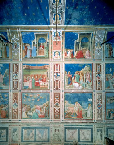 Vy över freskerna på den vänstra väggen, ca 1303-05 (fresker) (efter restaureringen) av Giotto (c.1266 1337)