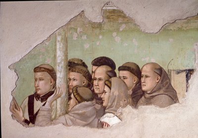 Avsnitt av Saint Francois av Assisis liv: "" Saint Francois visar sig för Fra Agostino och till en eveque"" Detalj som representerar en grupp franciskanermunkar. Fresk av Giotto da Bondone av Giotto di Bondone