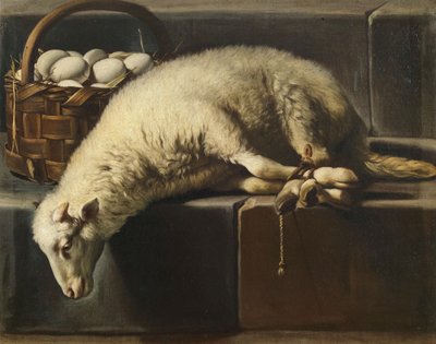 Ett ligerat lamm förutom en korg med ägg Allegory of Easter, 1600-talets andra hälft.. av Giovan Battista Recco