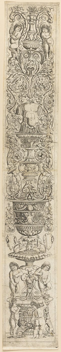 Fyra barn med en katt och en hund, plansch nio från Twelve Ornament Panels av Giovan Pietro Birago