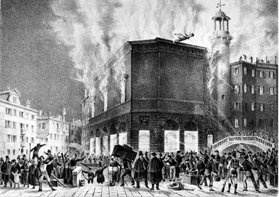 Elden på teatern La Fenice i Venedig, 1836. Gravyr av Giovanni Pividor. Milano, konservatoriet G. Verdi. av Giovanni (after) Pividor