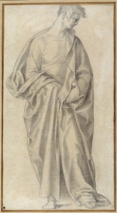 Kraftigt draperad ungdom (svart krita på vitt papper) av Giovanni (attr. to) Bandini