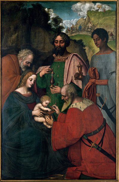 Tillbedjan av Magi (olja på panel av Giovanni Agostino da Lodi