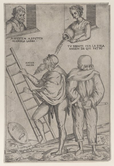 En man klättrar upp på en stege medan en kvinna kastar vatten på honom från ovan, 1575-99. av Giovanni Ambrogio Brambilla