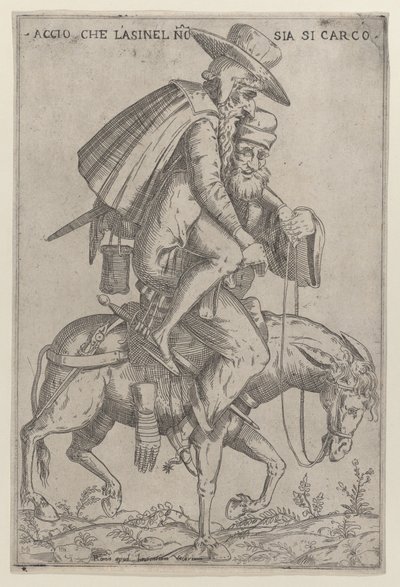 Karikatyr med två män på en mula, 1575-99. av Giovanni Ambrogio Brambilla