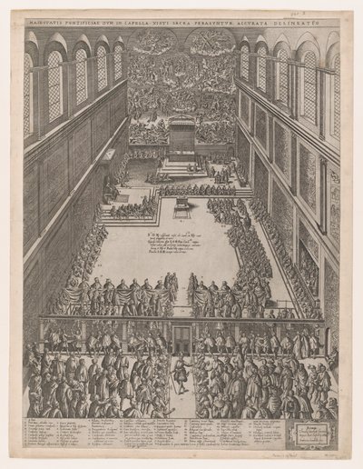 Mirror of Roman Magnificence: En påvlig sammankomst i Sixtinska kapellet, Michelangelos L..., 1582. av Giovanni Ambrogio Brambilla