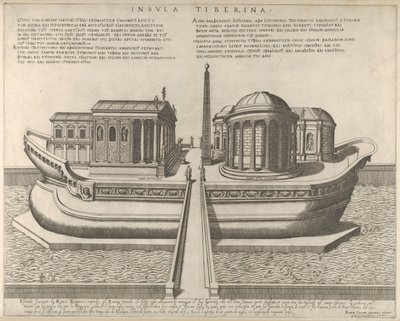 Utsikt över Tiberön representerad som ett skepp, Aesculapius tempel till vänster, 1582., 1582. av Giovanni Ambrogio Brambilla