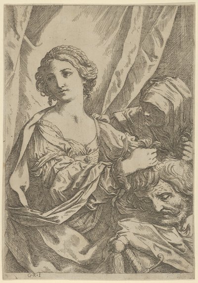 Judith greppar Holofernes huvud i håret och tittar åt vänster, en gammal kvinna, 1600-1640. av Giovanni Andrea Sirani