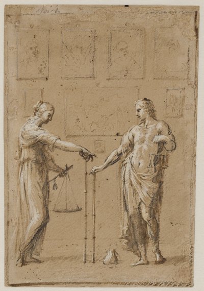 En man och en kvinna i antika dräkter med varsin våg och linjal framför en vägg med målningar. En handväska på golvet framför mannen av Giovanni Angelo Canini