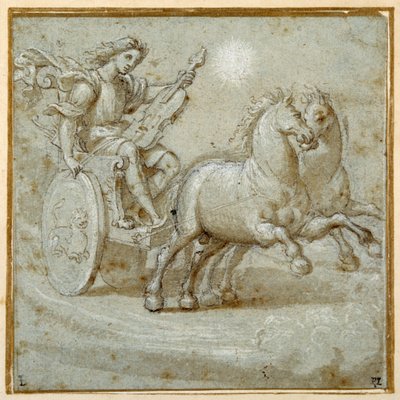 Apollo sittande i sin vagn med sin viol (svart krita, penna & brunt bläck med brun tvätt förhöjd med vit kroppsfärg på carta azzurra) av Giovanni Antonio (circle of) Pordenone