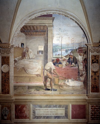 Benedict uppenbarar sig för två munkar och presenterar dem projektet av en klosterfresk av kloster, gjord av Antonio Bazzi dit il Sodoma (1477 - 1549) som berättar om livet för den helige Benediktus av Nursie (480 - 567) grundare av Benediktinerorden 1503  av Giovanni Antonio Bazzi Sodoma