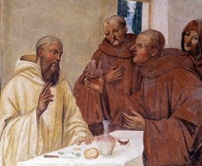 Benedictus bryter ett glas förgiftat vin och gör korsets tecken. Detaljfresk av klädseln gjord av Antonio Bazzi dit il Sodoma (1477 - 1549) som berättar om livet för den helige Benediktus av Nursie (480 - 567) grundare av Benediktinerorden 1503 - 1508 av Giovanni Antonio Bazzi Sodoma