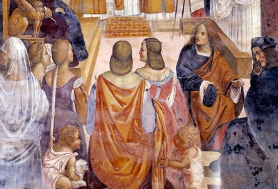 Benedict exkommunicerade två nunnor och frikänner dem efter deras död. Detail Cloister fresk av Antonio Bazzi dit il Sodoma (1477 - 1549) som berättar om livet för Saint Benedict of Nursie (480 - 567) grundare av Benediktinerorden 1503 - 1508 Abbey of Mo av Giovanni Antonio Bazzi Sodoma