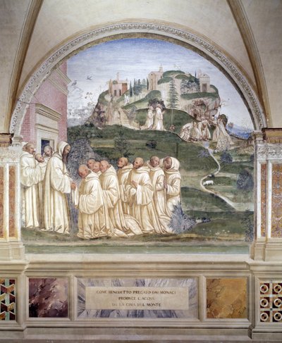 Benedict utlöste en källa på toppen av berget Fresco of the Cloister gjord av Antonio Bazzi dit il Sodoma (1477 - 1549) som berättar om livet för Saint Benedict of Nursie (480 - 567) grundare av Benediktinerorden 1503 - 1508 Abbey of Monte Oliveto av Giovanni Antonio Bazzi Sodoma