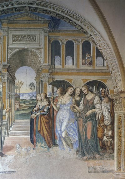 Florentius skickar in skökorna i klostret, scen ur St Benedictus liv av Giovanni Antonio Bazzi Sodoma