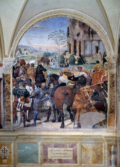 Hur Benedict förutsäger förstörelsen av Monte Cassino (St. Benedict förutsäger förstörelsen av Monte Cassino) Detalj - fresk av klostret gjord av Antonio Bazzi dit il Sodoma (1477 - 1549) som berättar om livet för den helige Benedikt av Nursie (480 - 567)  av Giovanni Antonio Bazzi Sodoma