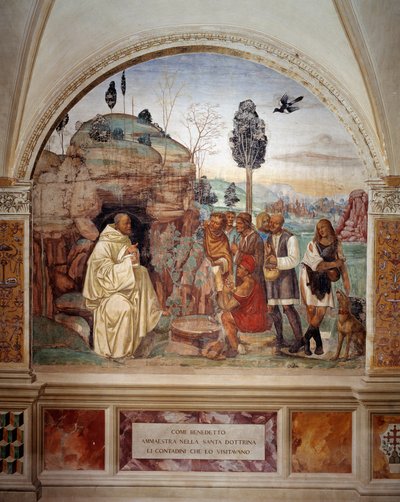 Hur Benedictus lär ut den heliga läran till bönderna som besöker honom (St. Benedictus lär ut den heliga läran till bonden som besöker honom) Fresk av klostret gjord av Antonio Bazzi dit il Sodoma (1477 - 1549) som berättar om den helige Benedikt av Nurs l av Giovanni Antonio Bazzi Sodoma
