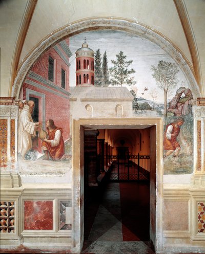 Hur Benedict förvandlas till en vinorm, gömde en tjänare för honom. Detalj - fresk av klädseln gjord av Antonio Bazzi dit il Sodoma (1477 - 1549) som berättar om livet för Saint Benedict of Nursie (480 - 567) grundare av Benediktinerorden 1503 - 1508 Abbey av Giovanni Antonio Bazzi Sodoma