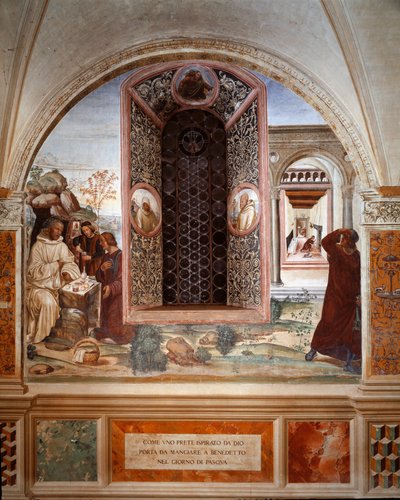 Hur en präst förde mat till Benedictus på påsk - Fresk av klostret gjord av Antonio Bazzi dit il Sodoma (1477 - 1549) som berättar om livet för den helige Benediktus av Nursia (480 - 567) grundare av Benediktinerorden 1503 - 1508 Abbey of Monte Oliveto Ma av Giovanni Antonio Bazzi Sodoma