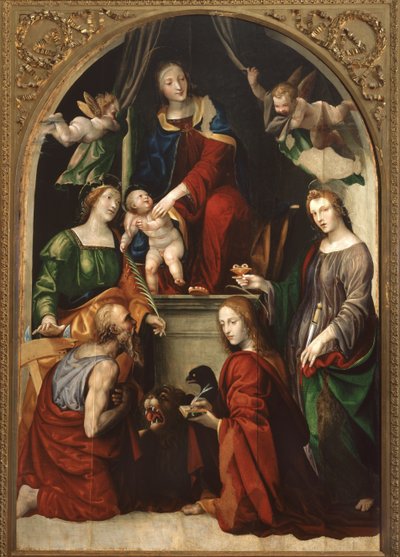 Madonna och barn och änglar bland de heliga Jerome, Katarina av Alexandria, Lucy och evangelisten Johannes, ca 1513 av Giovanni Antonio Bazzi Sodoma