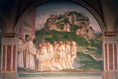 Sankt Benedictus bönfaller av munkar, producerar vatten från toppen av berget, scen från Berättelser om Sankt Benedikt av Monte Oliveto Maggiore av Giovanni Antonio Bazzi Sodoma