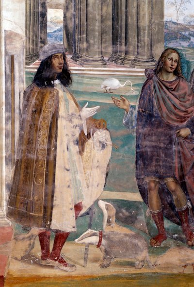Saint Benedict fixar en trasig såll Självporträtt av konstnären - Detalj Fresk av klädseln realiserad av Antonio Bazzi dit il Sodoma (1477 - 1549) som berättar om livet för Saint Benedict of Nursie (480 - 567) grundare av Benediktinerorden 1503 - 1508 av Giovanni Antonio Bazzi Sodoma