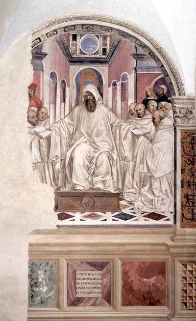 Sankt Benedictus ger munkarna regeln (Benedikt ger munkarna regeln) fresk av klostret gjord av Antonio Bazzi dit il Sodoma (1477 - 1549) som berättar om livet för Sankt Benedikt av Nursie (480 - 567), grundaren av orden av Benediktiner 1503 av Giovanni Antonio Bazzi Sodoma