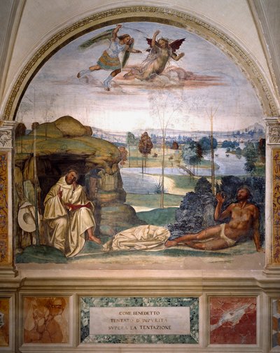 Sankt Benedictus segrar över frestelsen genom att kasta sig naken in i en taggbuske, medan en ängel kämpar mot demonen Fresco i munkarnas matsal gjord av Antonio Bazzi dit il Sodoma (1477 - 1549) som berättar om Sankt Benediktins liv (48) av Giovanni Antonio Bazzi Sodoma