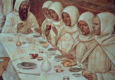 St. Benedictus har fått gott om mjöl och matat munkarna, detalj från St. Benedikts liv av Giovanni Antonio Bazzi Sodoma