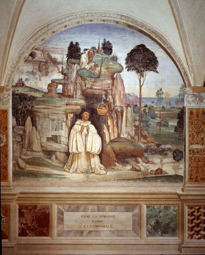 Demonen bryter klockan - Demonen bryter klockfresken av klostret gjord av Antonio Bazzi dit il Sodoma (1477 - 1549) som berättar om livet för Saint Benedict of Nursie (480 - 567) grundare av Benediktinerorden 1503 - 1508 Abbey av Monte Olivet av Giovanni Antonio Bazzi Sodoma