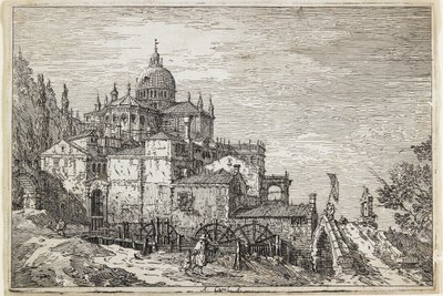 Landskap med en kyrka, hus och en kvarn av Giovanni Antonio Canal