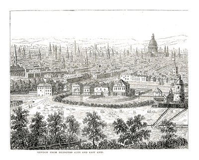 London från Islington City och East End. Från en vy av Canaletti, publicerad 1753 av Giovanni Antonio Canal