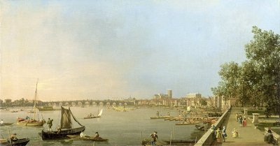 Themsen från terrassen i Somerset House, med utsikt uppströms mot Westminster och Whitehall, ca 1750 av Giovanni Antonio Canal