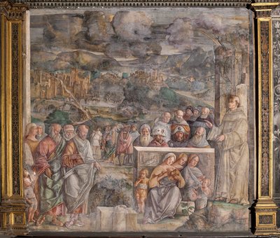 St Anthony anländer till Padua, där han återställer freden mellan medborgarna med styrkan och sötman i sin predikan, School of the Saint av Giovanni Antonio Corona