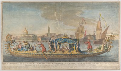 Ambassadör Giovanni Battista Colloreados högt prydda första gondol på väg in..., 1720-30. av Giovanni Antonio Faldoni