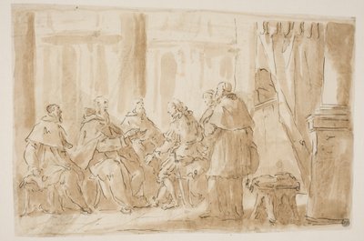 En grupp på fem präster som talar med en lekman av Giovanni Antonio Pellegrini