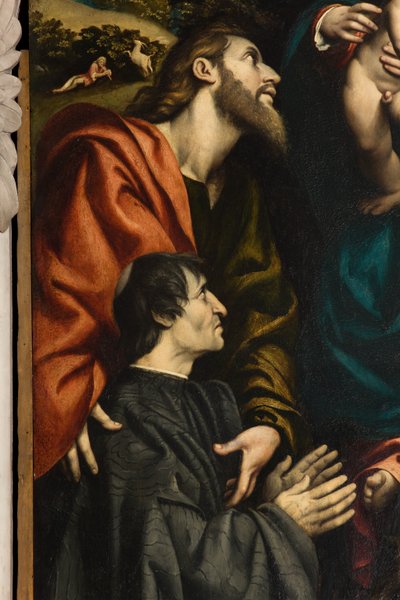 Sankta Katarinas altare, Madonna och barnet mellan de heliga Filip och Jakob och donatorn Giacomo Schizzi, Il Pordenone 1522, Detalj av Giovanni Antonio Pordenone