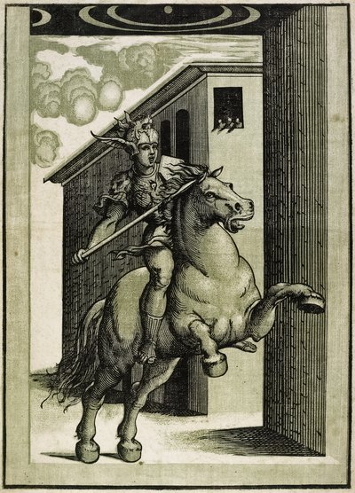 Marcus Curtius, ca 1540 (chiaroscuro träsnitt från 3 block) av Giovanni Antonio Pordenone