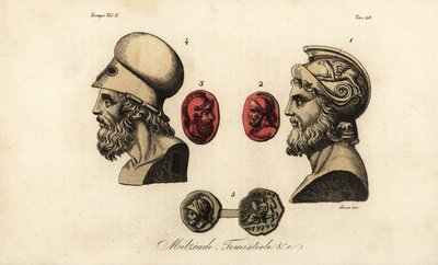 Byster och ädelstenar av de atenska politikerna Miltiades den yngre 1,2, Themistokles 3,4 och kung Pyrrhus I 5 av Giovanni Antonio Sasso