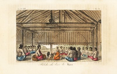 Kung Polaho dricker kava i ett långhus, Tonga (vänliga öar). Handfärgad kopparplåt graverad av Sasso efter John Webber från Giulio Ferrario