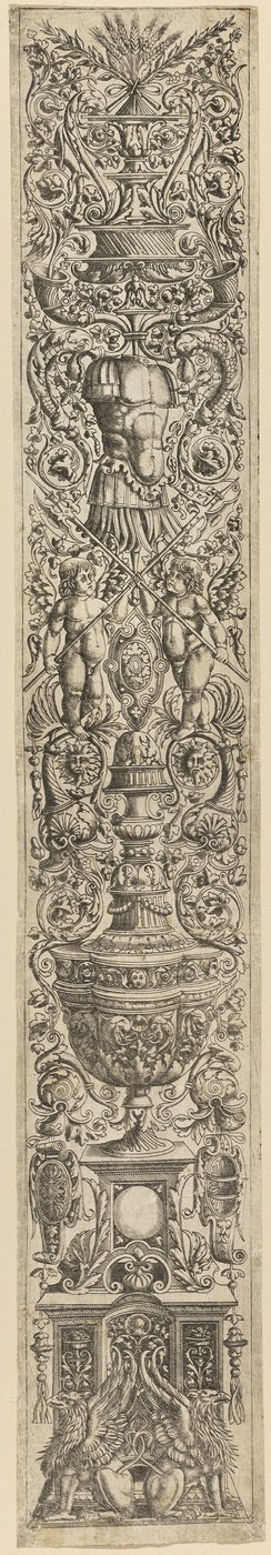Gripar och två amoriner med korslagda halberder, plansch fem av tolv prydnadspaneler av Giovanni Antonio da Brescia