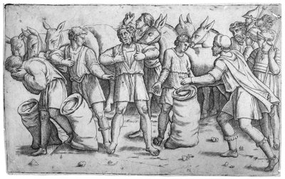 Josefs bägare hittad i Benjamins säck från den bibliska berättelsen om Josef 1 Mosebok 44..., ca. 1520-25. av Giovanni Antonio da Brescia