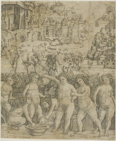 Sju amoriner med två baggar i ett landskap av Giovanni Antonio da Brescia