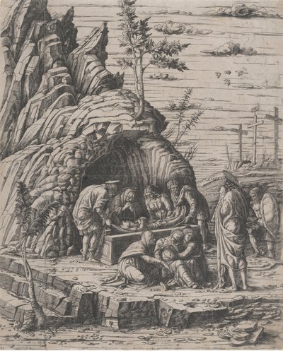 Kristi gravläggning som sänks ned av två män i en stengrav före..., ca. 1470-1500. av Giovanni Antonio da Brescia