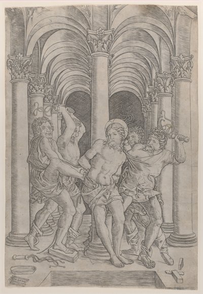 The Flagellation of Christ som är bunden till en kolumn i mitten inställd i en arkad, 1509., 1509. av Giovanni Antonio da Brescia