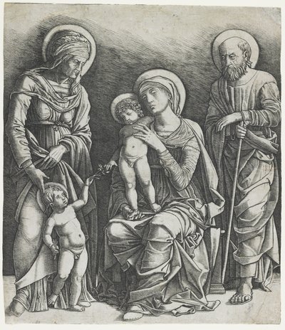 Den heliga familjen med spädbarnet Saint John, ca 1495-1505 (gravyr) av Giovanni Antonio da Brescia