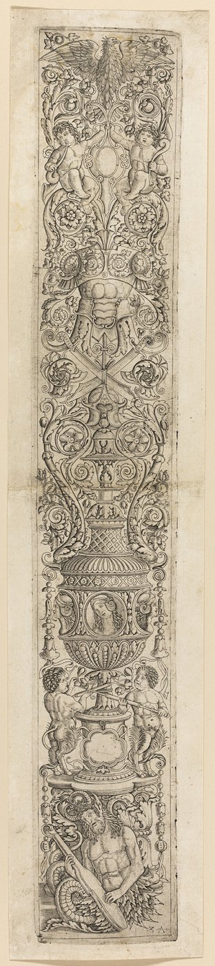Triton och två satyrbarn, platta fyra från Twelve Ornament Panels av Giovanni Antonio da Brescia