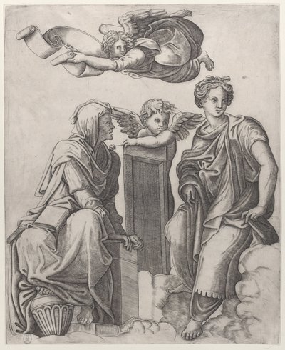 Två kvinnliga figurer som sitter i molnen flankerande en ängel och en annan som flyger ovanför ..., ca. 1510-25. av Giovanni Antonio da Brescia