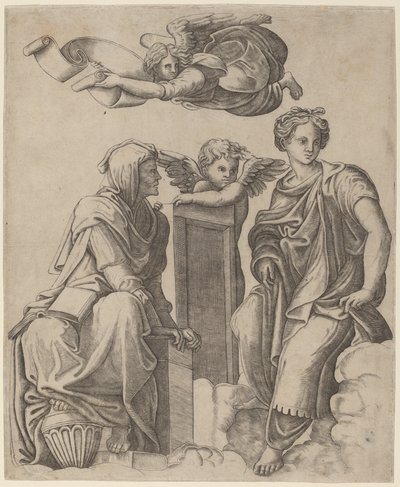 Två sibyllor och en ängel av Giovanni Antonio da Brescia after Raphael