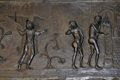 Ottonian Art: Adam och Eva fördrevs från paradiset. Omkring 1015. Skulptur på en av bronsdörrarna till Cathedrale Saint Mary i Hildesheim (Tyskland). av Phillipe de Marlier